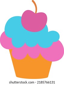 Delicious sweet cupcakes flat design vector illustration. Appetizing muffin with cherries and chocolate souffle . Cute cakes with cream. Muffin dessert sweet, food. Baking, cooking. Pastel shades.