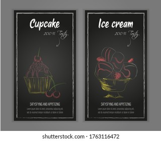 Delicious sweet desserts menu list. Ice cream and cupcake color hand drawn vector illustration