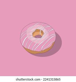 Delicious sweet donut with pink glazed. Vector illustration 