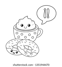 delicious sweet donuts with chocolate mug kawaii character