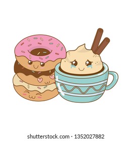 delicious sweet donuts with chocolate mug kawaii character