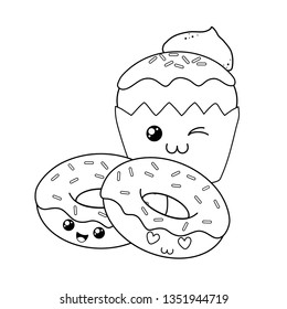 delicious sweet donuts with cupcake kawaii characters
