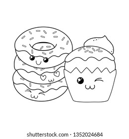 delicious sweet donuts with cupcake kawaii characters