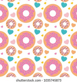 delicious and sweet donuts and hearts pattern background