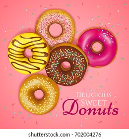 Delicious sweet donuts with sprinkles and colorful toppings on pink background realistic vector illustration