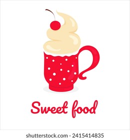 Delicious sweet Drink or Dessert with cherry. Red Cup with Tasty Cream  
Flat Cartoon Vector Illustration on white background