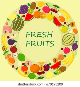 Delicious and sweet Fruits, collected in a composition in a circle on a light background./ Illustration of different kinds of fruits on a light background.
