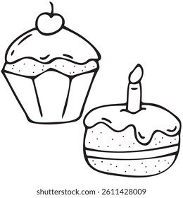 delicious sweet holiday cupcakes and cakes, children s party, cute children s black and white vector coloring, line art, outline