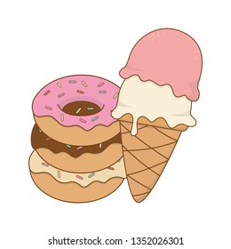 delicious sweet ice cream and donuts