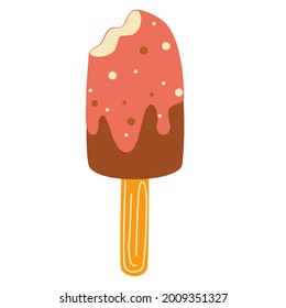 Delicious sweet Ice cream on a stick. Strawberry ice cream with chocolate. Eskimo. For Shop logo badges and labels for your design, poster, flyer, web. Vector illustration in flat style isolated.