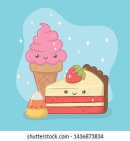 delicious and sweet ice cream and products kawaii characters