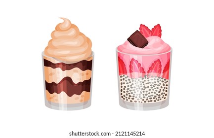 Delicious sweet layered desserts in glass set vector illustration on white background