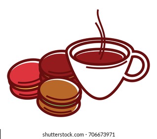 Delicious sweet macaroons and cup of hot coffee
