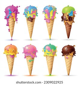 Delicious sweet melted color ice cream 3D vector graphics with green apple flavor and cola syrup

