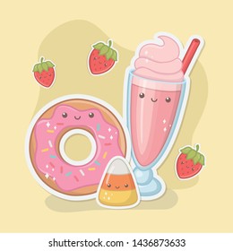 delicious and sweet milkshake and products kawaii characters