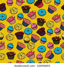 a delicious sweet pastry with a bright yellow background with colorful donuts muffins cakes and pastries