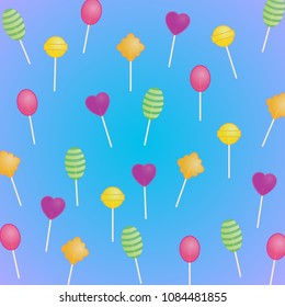 Delicious sweet pattern: transparent lollipops on a blue background with a purple hue. Beautiful vector texture.