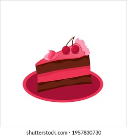Delicious sweet piece of cake on a plate on a white background. Cherry cream pie.No diet day. Unhealthy food. Diets and proper nutrition. Greeting card or banner for website. vector illustration