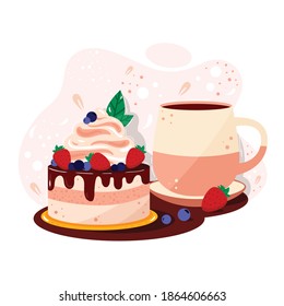 Delicious sweet pink cake with berries and cream. Coffee or tea mug. Concept for bakery and café menu deign, banner, card, promotion. Bright colors, realistic illustration.
