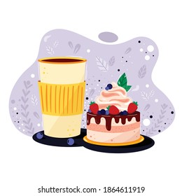 Delicious sweet pink cake with berries and cream. Takeaway coffee cup. Concept for bakery and café menu deign, banner, card, promotion. Bright colors, realistic illustration.