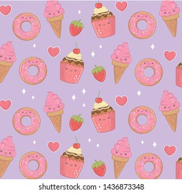 delicious and sweet products kawaii characters pattern