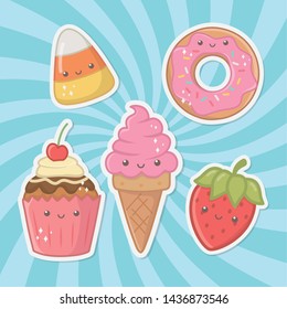 delicious and sweet products kawaii characters
