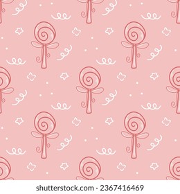 Delicious sweet seamless pattern of lollipops. Pink cute background with spiral candies. Sweet treat, food print for wallpaper, paper, packaging and design, vector illustration