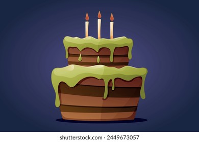 Delicious sweet sponge chocolate cake with green icing cream and candles. Vector isolated cartoon illustration.