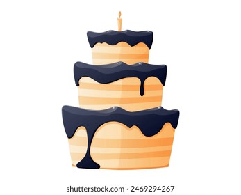 Delicious sweet sponge chocolate cake with black icing cream and candle. Vector isolated cartoon illustration.