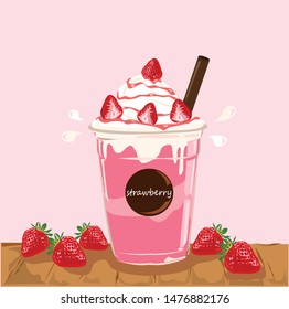 The delicious and sweet strawberry milkshake on wooden table and pink background.