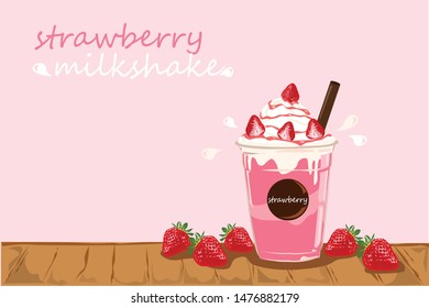 The delicious and sweet strawberry milkshake on wooden table and pink background.