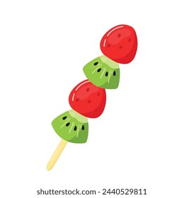 Delicious Sweet Tanghulu Dessert Street Food. Strawberry and kiwi Fruits Coated with Sugar Caramel Cartoon Vector Illustration Isolated