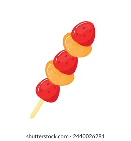 Delicious Sweet Tanghulu Korean Street Food. Strawberry and Orange Tangerine Fruits Coated with Sugar Caramel Cartoon Vector Illustration Isolated