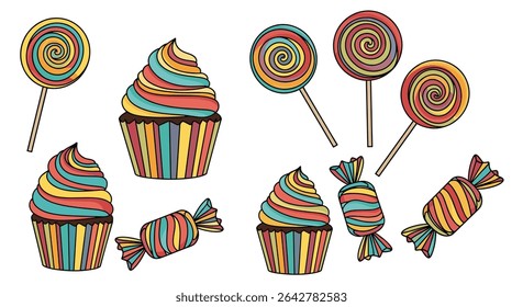 Delicioso doce trata uma coleção deliciosa de bolos de pirulito e doces