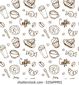 Delicious sweet vector pattern design. Hand drawn coffee pattern.