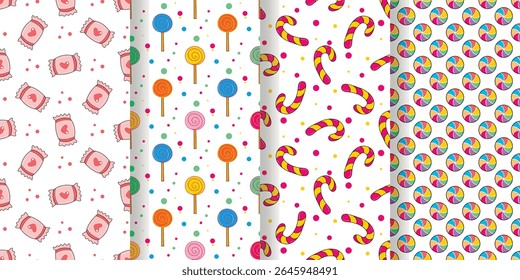 Delicious sweets and candies seamless patterns set. Bright lollipops, lollipops, candy canes, caramel on white background. Yummy candy print for textile, packaging, paper, design, vector graphic