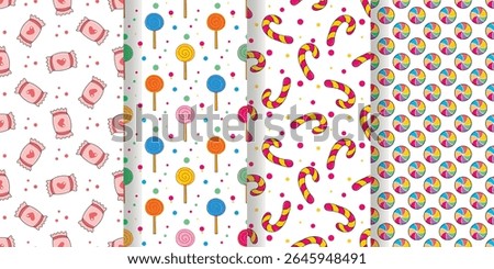 Delicious sweets and candies seamless patterns set. Bright lollipops, lollipops, candy canes, caramel on white background. Yummy candy print for textile, packaging, paper, design, vector graphic