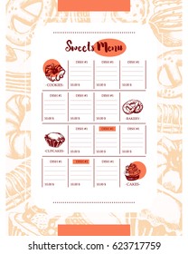 Delicious Sweets - color vector hand drawn composite template menu with copyspace. Realistic pastry, cake, macaroon, croissant, pretzel, cookie, cupcake, muffin, eclair.