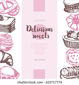Delicious Sweets - color vector hand drawn composite banner with copyspace. Realistic pastry, cake, macaroon, croissant, pretzel, cookie, cupcake, muffin, eclair.