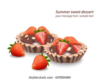 Delicious sweets and desserts with fruits Chocolate tartlets. Summer confectionery bakery treats Vector