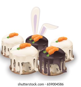 Delicious sweets and desserts with fruits Chocolate and carrot cakes. Summer confectionery bakery treats Vector