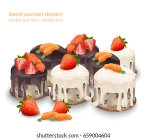Delicious sweets and desserts with fruits Chocolate and carrot cakes. Summer confectionery bakery treats Vector