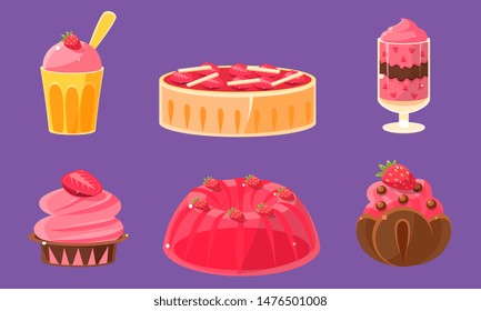 Delicious Sweets and Desserts Set, Ice Cream, Cake, Cupcake, Pudding Vector Illustration