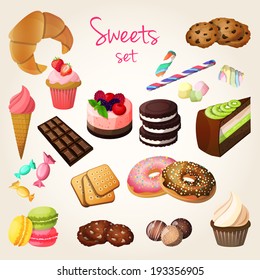 Delicious sweets and fresh pastry set of croissant ice cream cookies isolated vector illustration