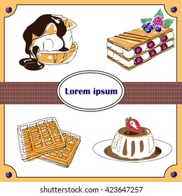 Delicious sweets and fresh pastry set of croissant ice cream cookies illustration