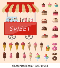 Delicious sweets and ice cream cart market icons set - vector