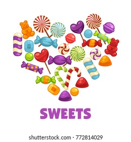 Delicious sweets and lollipops in heart shape poster