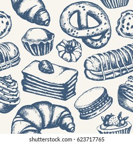 Delicious Sweets - monochromatic vector hand drawn seamless pattern. Realistic pastry, cake, macaroon, croissant, pretzel, cookie, cupcake, muffin, eclair.