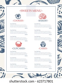 Delicious Sweets - monochromatic vector hand drawn composite template menu with copyspace. Realistic pastry, cake, macaroon, croissant, pretzel, cookie, cupcake, muffin, eclair.