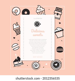 Delicious sweets - vector line design style poster on pink background. High quality images for cafe, restaurant, shop. Donuts, cupcake, coffee, ice cream, lollipop, muffin, cake, chocolate, macarons